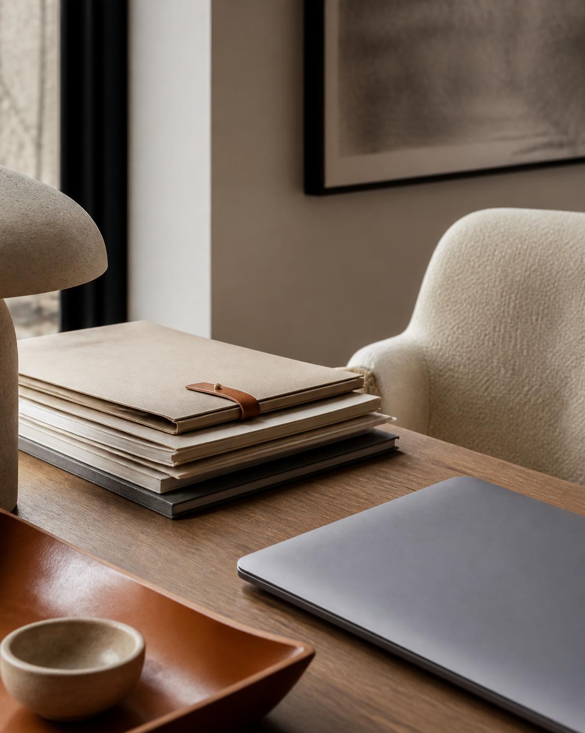 Pastas de documentos e notebook sobre mesa de madeira em escritório